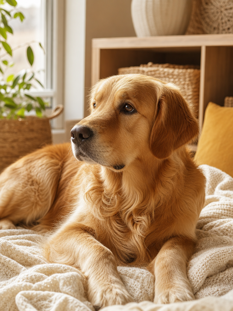 Nala, golden retriever, echada en interior cálido